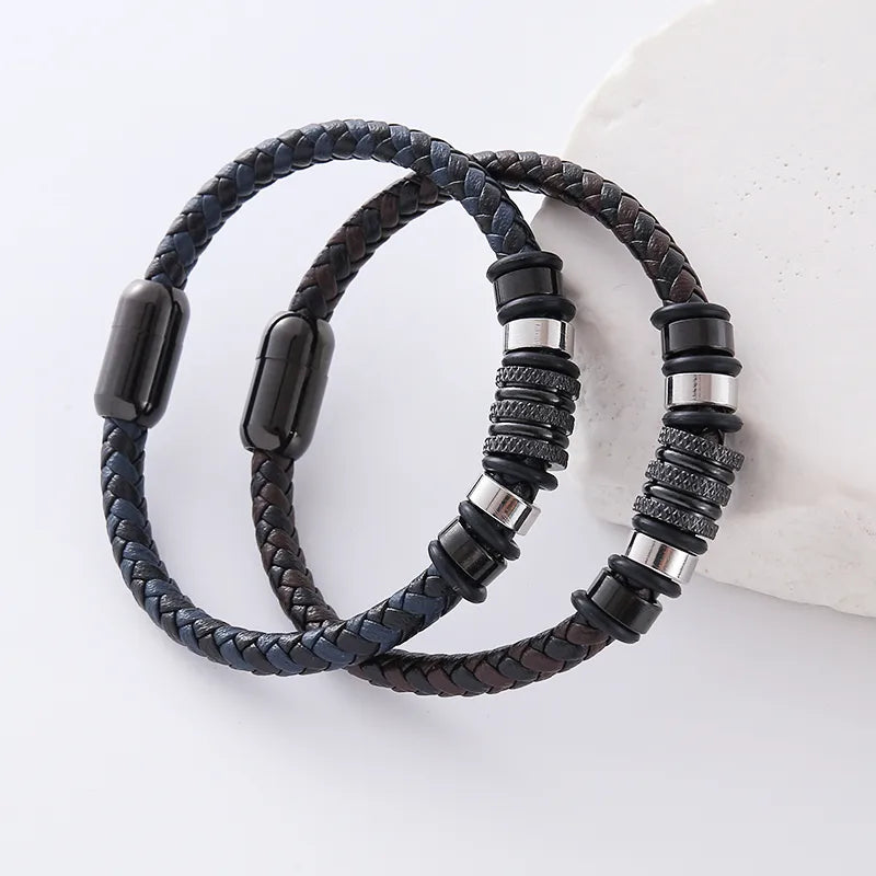 Luxury Hip-Hop double ring leather bracelet for men featuring plated stainless steel accents, perfect for weekend wear and special occasions.