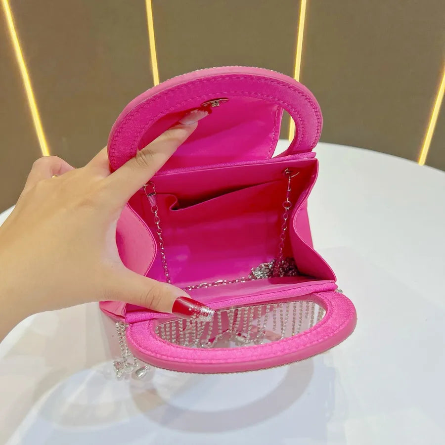 Elegant interior of the luxury square evening handbag, demonstrating its spacious design and refined finish, perfect for stylish storage.