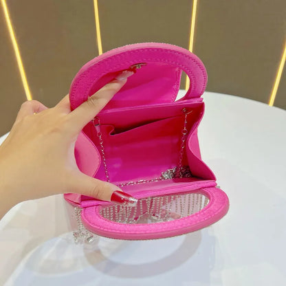 Elegant interior of the luxury square evening handbag, demonstrating its spacious design and refined finish, perfect for stylish storage.