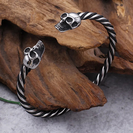 Elegant Men's Rock Punk Skull Bangle Bracelet crafted from premium 304 and 316L stainless steel, perfect accessory for Halloween celebrations.