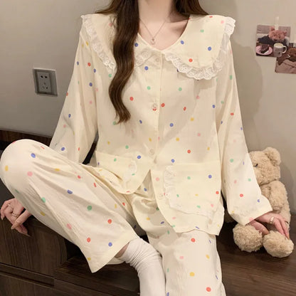 Sweet Cherry Cloud Cotton Long Sleeve Spring Home Clothes Set For Girls Comfortable Breathable Sleepwear Casual Style
