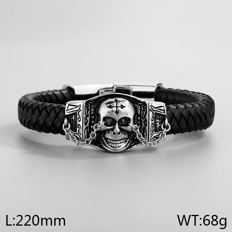 Hip-Hop Retro Animal Lion Skull 304 Stainless Steel Leather rope Leather Halloween Men's Bracelets