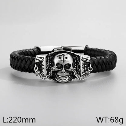 Hip-Hop Retro Animal Lion Skull 304 Stainless Steel Leather rope Leather Halloween Men's Bracelets