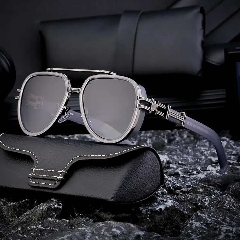 Luxury men's streetwear geometric sunglasses in stylish grey and black design with full frame and Tac lenses, perfect for outdoor travel.