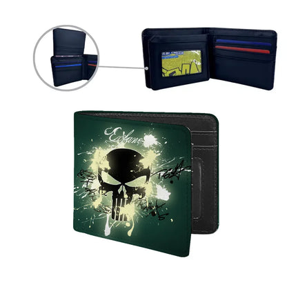 Stylish men's skull PU leather flip cover wallet, perfect for everyday use, showcasing a sleek design ideal for daily and holiday occasions.