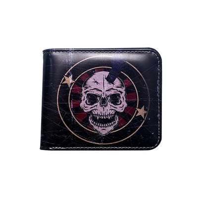 Luxurious men's retro bat and skull PVC open wallet, designed for daily use and perfect for Halloween celebrations, showcasing unique craftsmanship and style.