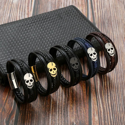 Elegant Punk Skull Bracelet for Men featuring 304 Stainless Steel and PU Leather, perfect for Halloween accessories.