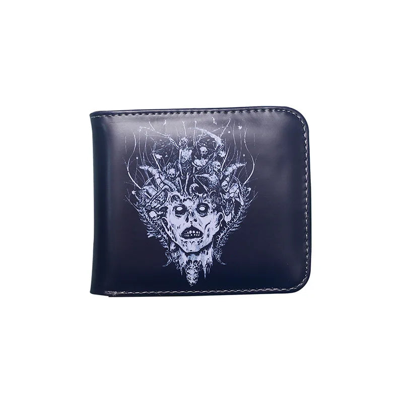 Elegant small card holder wallet for men, featuring a unique skull pattern on premium PVC material, ideal for a sophisticated punk style.