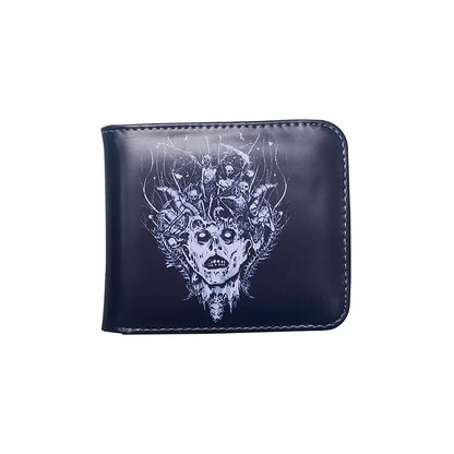 Elegant small card holder wallet for men, featuring a unique skull pattern on premium PVC material, ideal for a sophisticated punk style.
