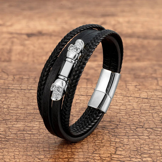Men's handmade hip-hop punk skull bracelet featuring premium leather rope and striking metal accents, ideal for Halloween fashion.