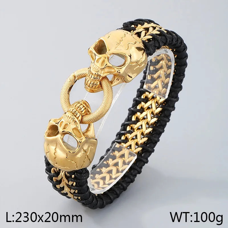 Stylish men's bracelet showcasing a unique skull pattern, designed with 18K gold plating over stainless steel, capturing the essence of Halloween elegance.