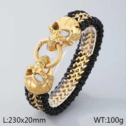 Stylish men's bracelet showcasing a unique skull pattern, designed with 18K gold plating over stainless steel, capturing the essence of Halloween elegance.