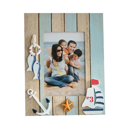Artistic display of a 6-inch Mediterranean-inspired wooden photo frame, combining medieval aesthetics with oceanic motifs for an elegant decorative touch.