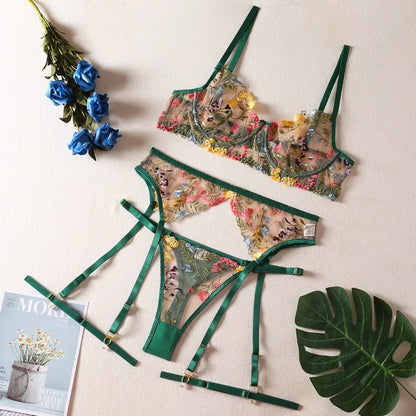 Complete view of the Luxury Flower Lace Bra and Thong Set, exuding a retro chic essence with sophisticated lace and floral motifs.