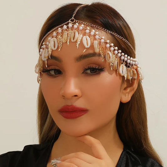 Handmade Fashion Pearl Leaf Shell Tassel Women's Headwear Alloy Leaf Pattern European Style Hair Accessories Popular New Model