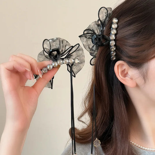 Elegant Floral Cloud Bubble Hair Clip Satin Tassel Butterfly Knot Shark Bite Hair Accessories For Women AB Side Mesh Hairpins