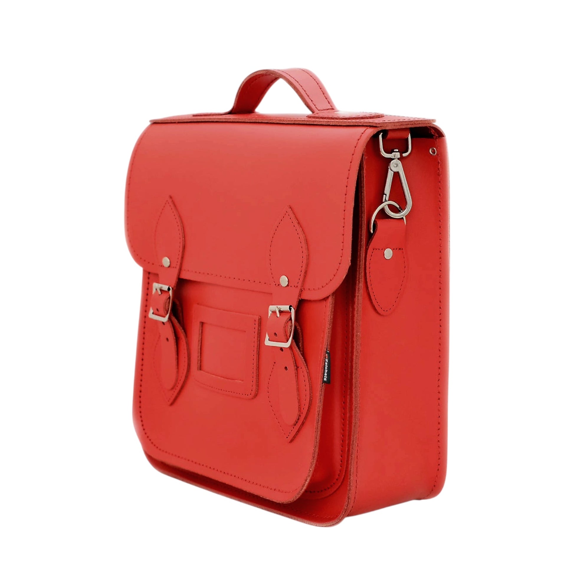 Versatile Handmade Leather City Backpack in Pillar Box Red displayed with adjustable straps, highlighting its customisable features and practical luxury for daily essentials.