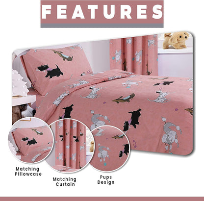 Luxurious pink dog print duvet cover set with matching curtains, designed for a stylish and playful bedroom decor, suitable for both children and adults.