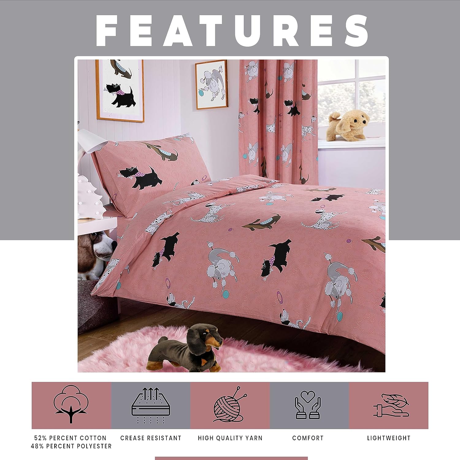 Beautifully designed Pups Pink Duvet Cover Set with matching curtains, offering a cohesive and luxurious look, perfect for dog lovers seeking a stylish bedding solution.