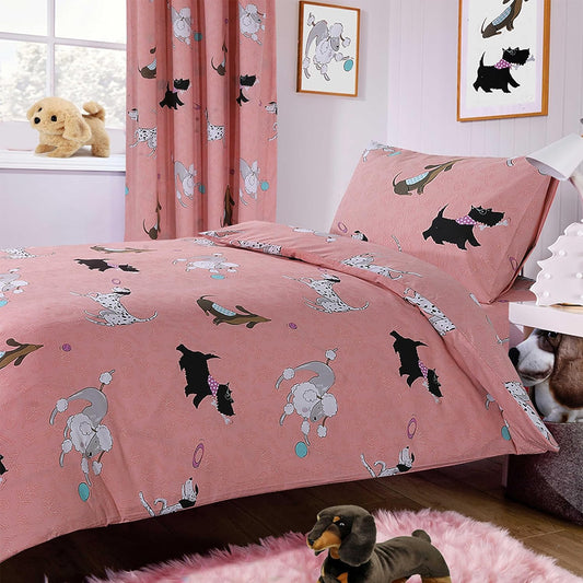 Luxurious Pups Pink Duvet Cover Set featuring adorable dog prints, crafted from a soft cotton blend, ideal for a stylish and cosy bedroom decor.