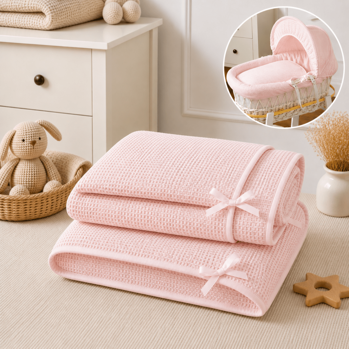 Pink Waffle Moses Basket Bedding Set