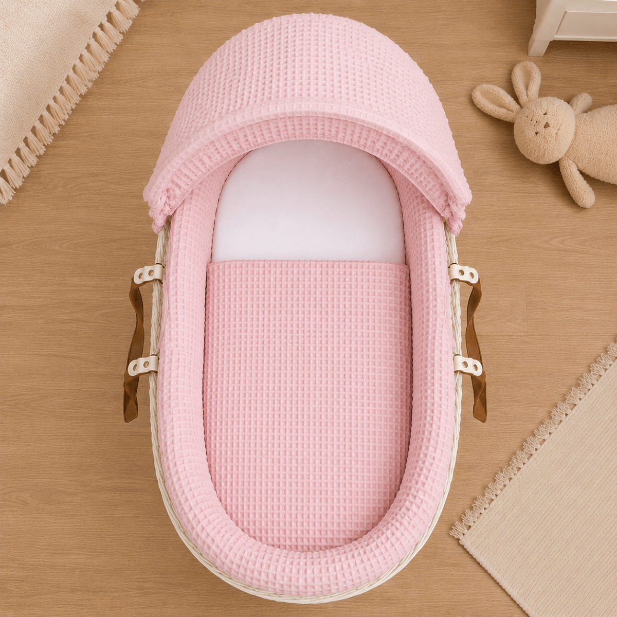 Pink Waffle Moses Basket Bedding Set