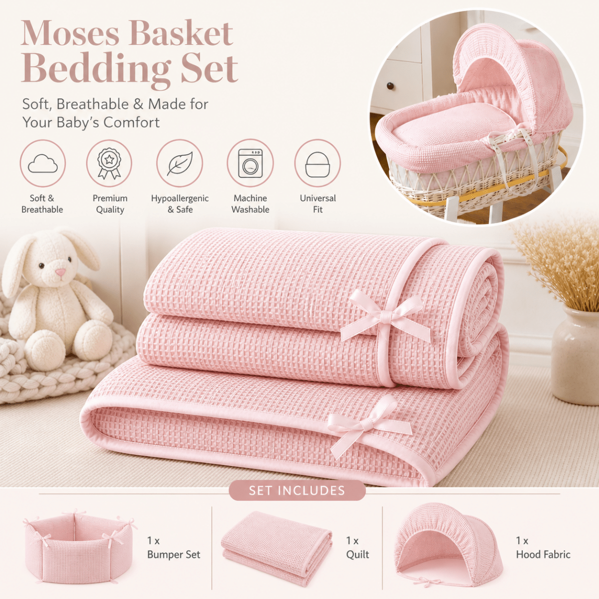 Pink Waffle Moses Basket Bedding Set