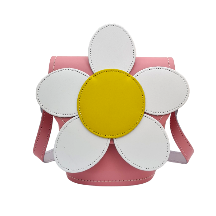 Luxury Handmade Pastel Pink Leather Daisy Barrel Bag by Zatchels featuring exquisite daisy appliqué, adjustable crossbody strap, and secure magnetic fastening, perfect for stylish day-to-night transitions.