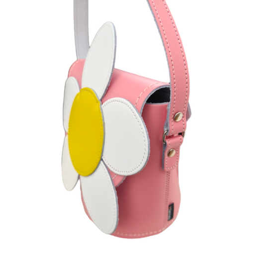 Luxury Handmade Pastel Pink Leather Daisy Barrel Bag by Zatchels, featuring a charming daisy appliqué and premium leather craftsmanship.