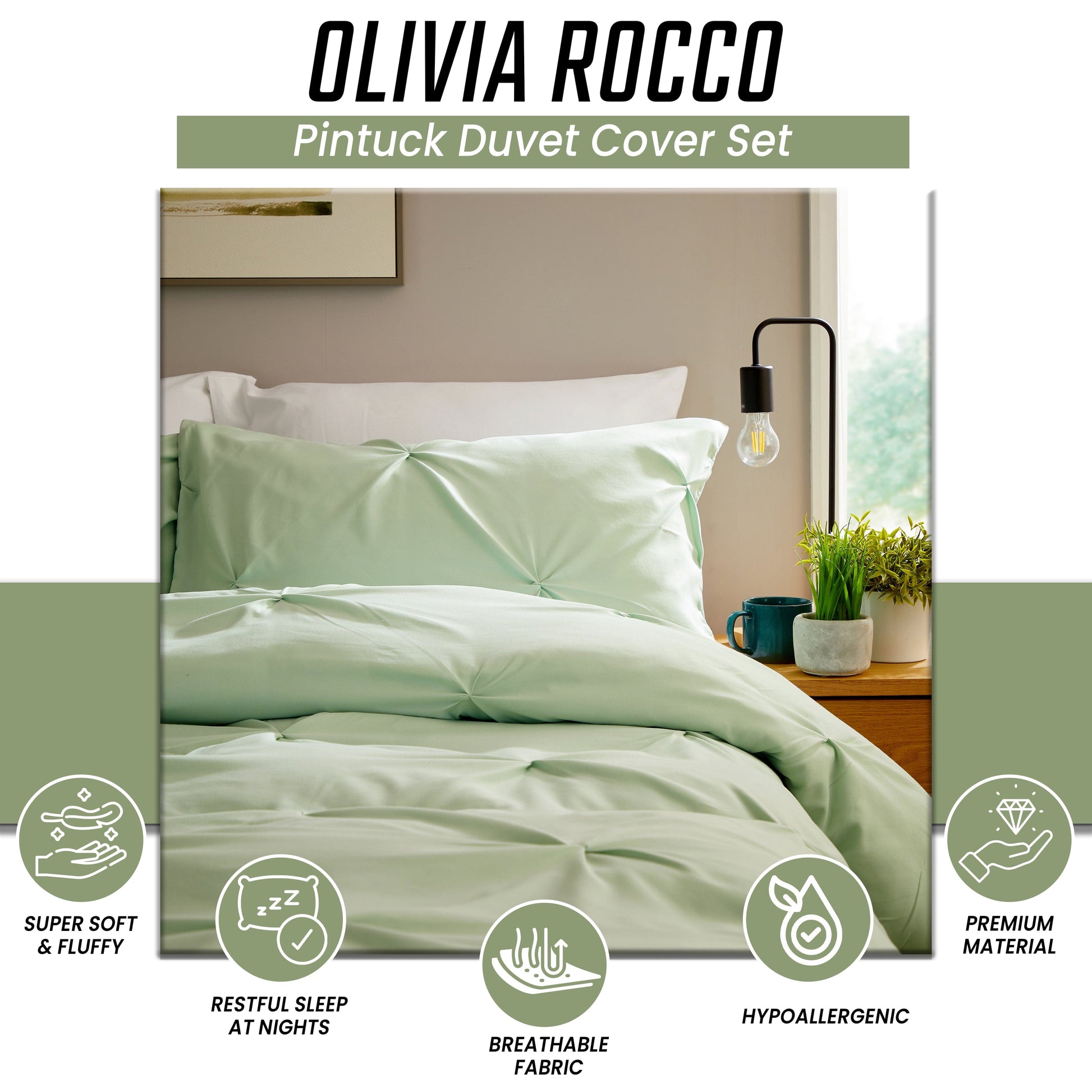Stylishly arranged sage green duvet cover and pillowcases, perfect for a serene and tranquil bedroom aesthetic, highlighting the luxurious texture.