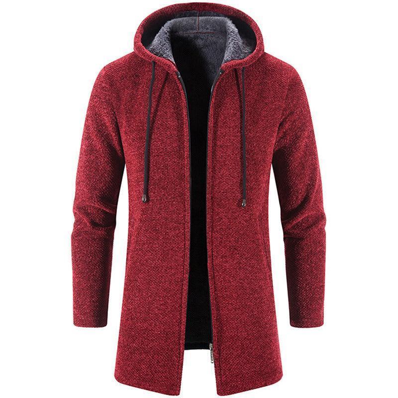 Men's Plus Fleece Hooded Winter Cardigan Jacket featuring a chic long and thickened design, perfect for luxurious winter style, available in sizes M-4XL.