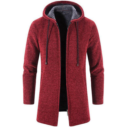 Men's Plus Fleece Hooded Winter Cardigan Jacket featuring a chic long and thickened design, perfect for luxurious winter style, available in sizes M-4XL.