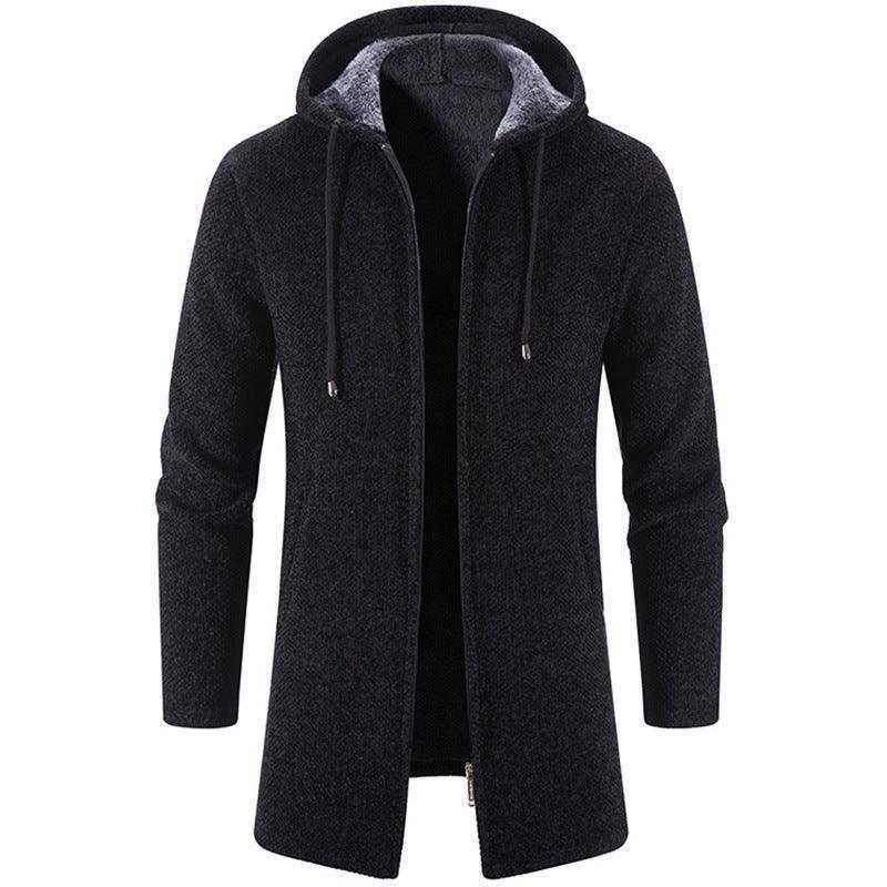 Luxurious men's plus fleece hooded winter cardigan jacket in thickened fabric, perfect for casual and stylish wear—available in sizes M to 4XL.