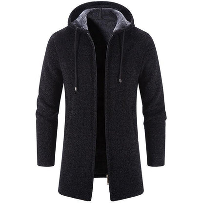 Luxurious men's plus fleece hooded winter cardigan jacket in thickened fabric, perfect for casual and stylish wear—available in sizes M to 4XL.