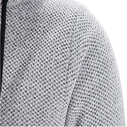 Model displaying the elegant men's plus fleece hooded winter cardigan jacket in a fashionable setting, ideal for autumn and winter occasions.