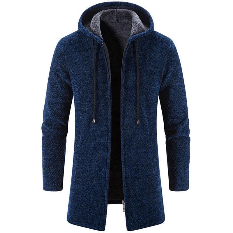 Close-up view of the plush fleece fabric of the men's plus fleece hooded winter cardigan jacket, showcasing its breathable and wear-resistant qualities.