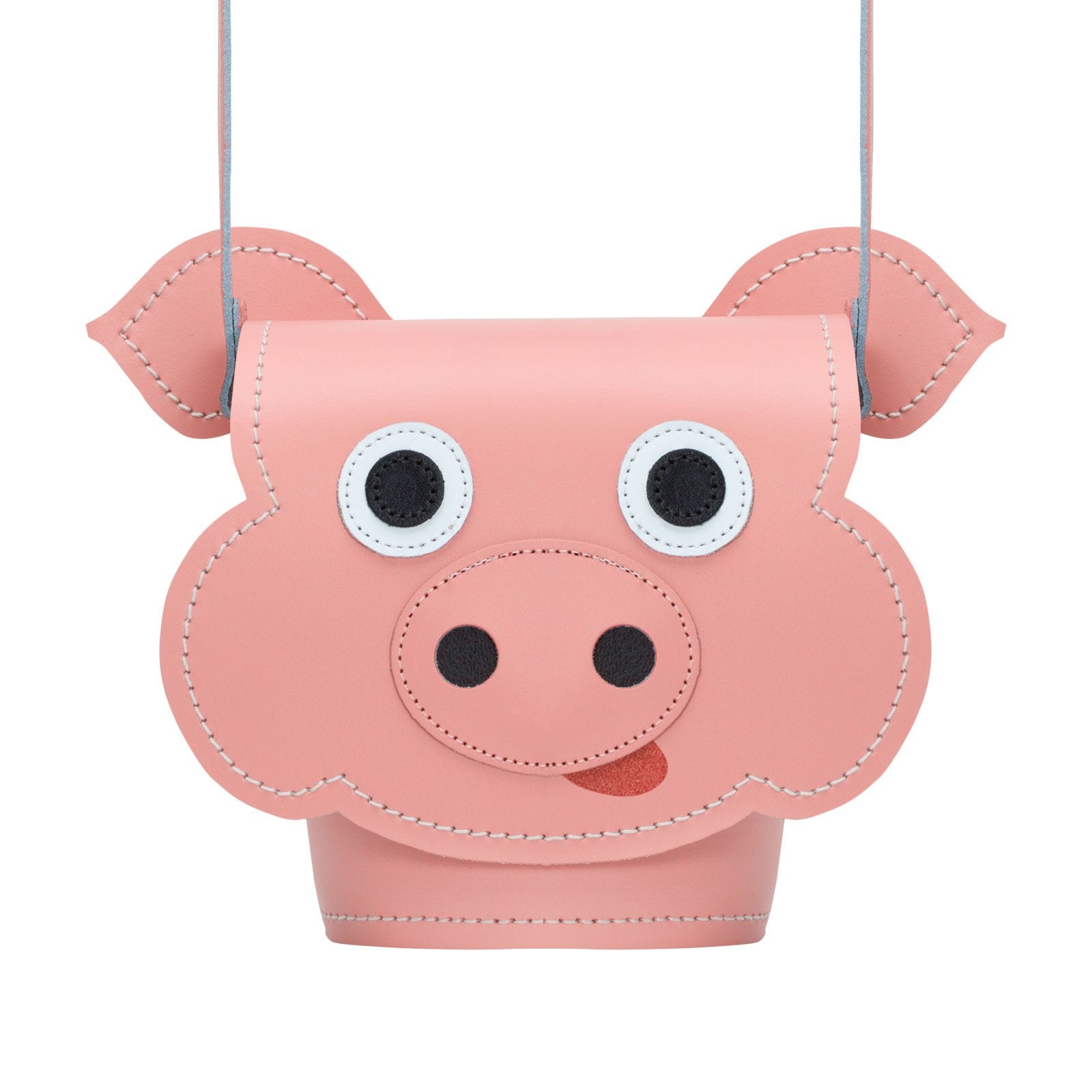 Polly Pig Handmade Leather Barrel Bag showing unique animal design with charming appliquéd face, crafted in premium leather for a luxurious finish.