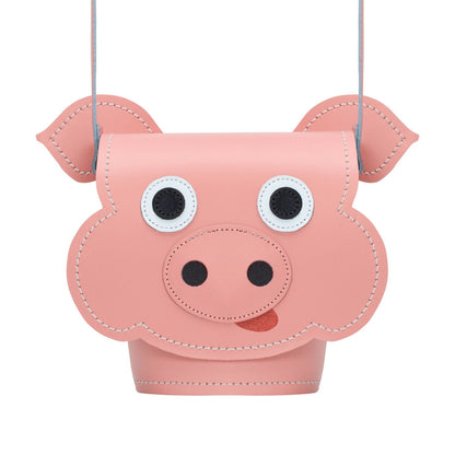 Polly Pig Handmade Leather Barrel Bag showing unique animal design with charming appliquéd face, crafted in premium leather for a luxurious finish.
