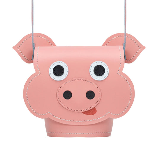 Polly Pig Handmade Leather Barrel Bag showing unique animal design with charming appliquéd face, crafted in premium leather for a luxurious finish.