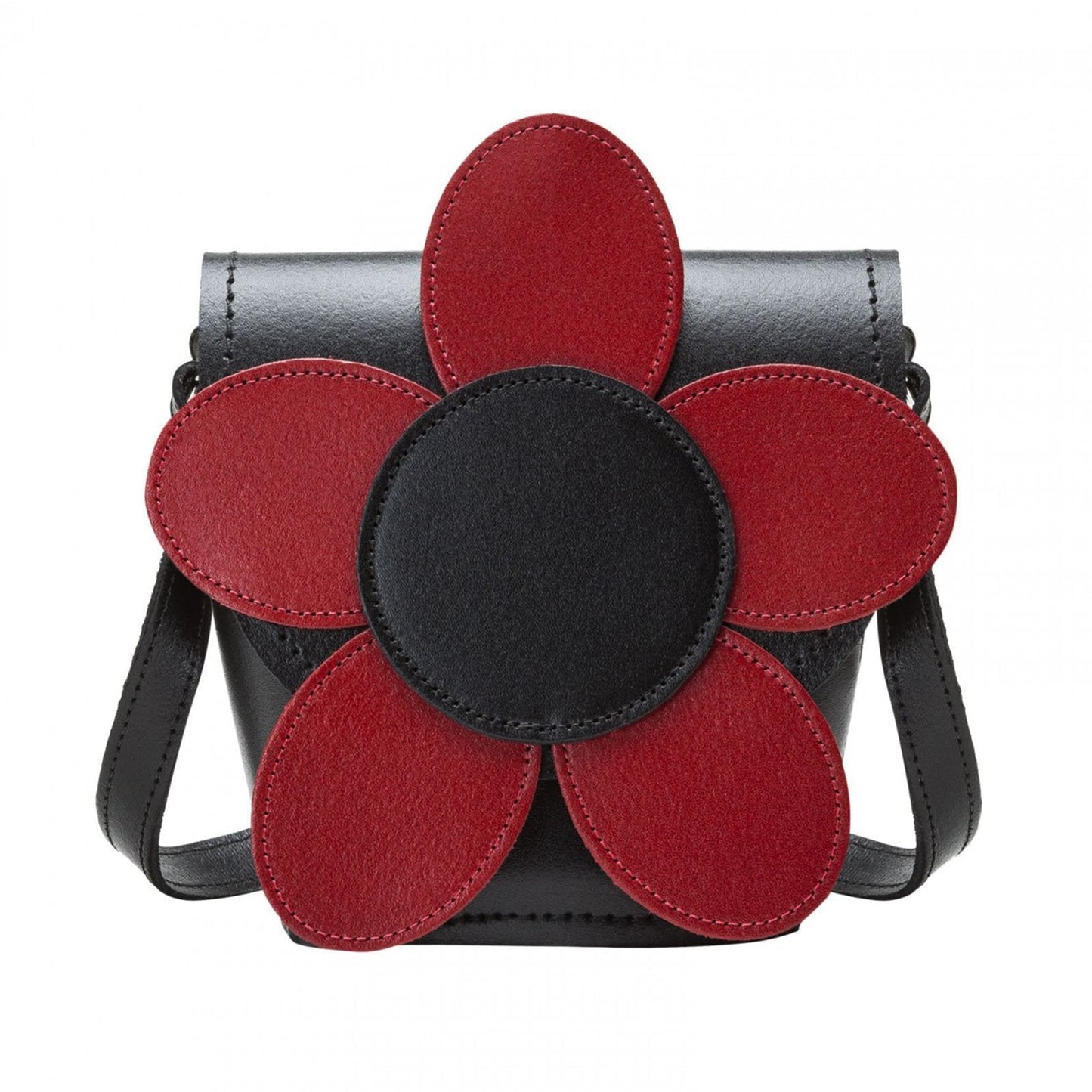 Luxurious red handmade leather barrel bag featuring an elegant poppy floral design, showcased on a neutral background to highlight its craftsmanship and vibrant colors.
