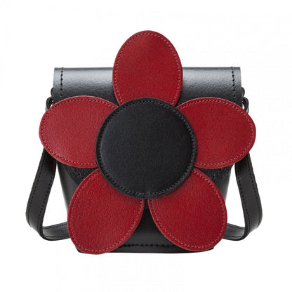 Luxurious red handmade leather barrel bag featuring an elegant poppy floral design, showcased on a neutral background to highlight its craftsmanship and vibrant colors.