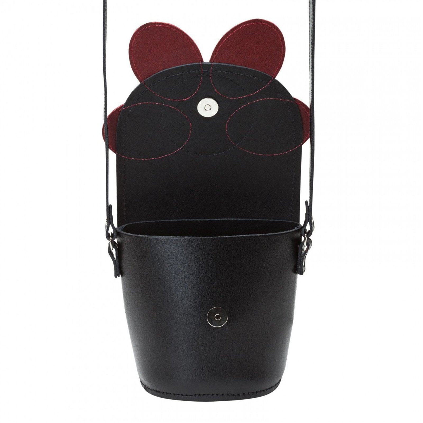 Elegant red handmade leather barrel bag featuring a poppy floral design against a chic black background, showcasing its luxurious craftsmanship and adjustable crossbody strap.