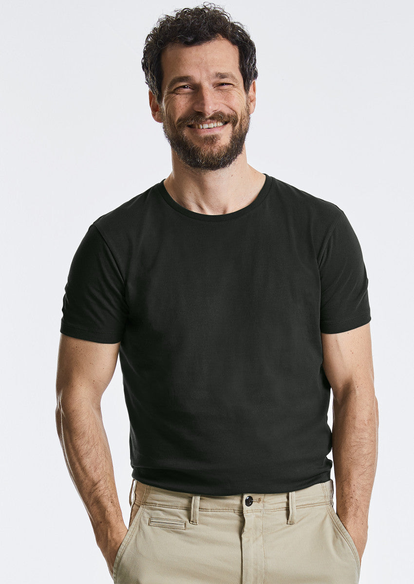 Luxury organic cotton men's t-shirt in contemporary fit, displaying elegance and comfort, available in sizes XS to 3XL.