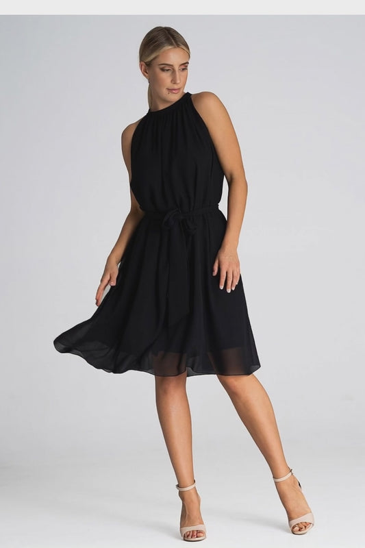 Flattering Figl Evening Dress in Airy Chiffon with Halter Neckline and Unique Sash Design