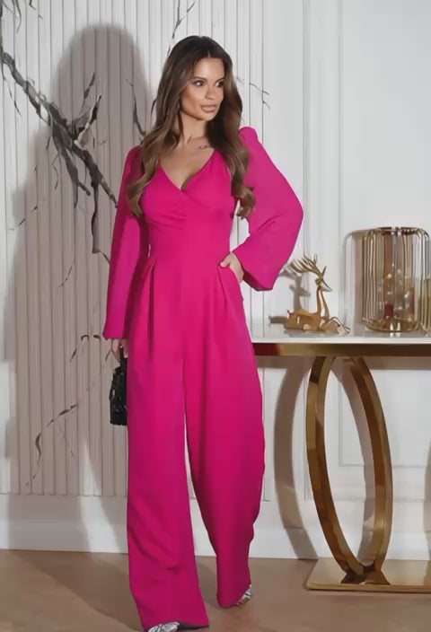 Bicotone Elegant Jumpsuit With Long Sleeves, Wide Legs, And Decorative Buttons
