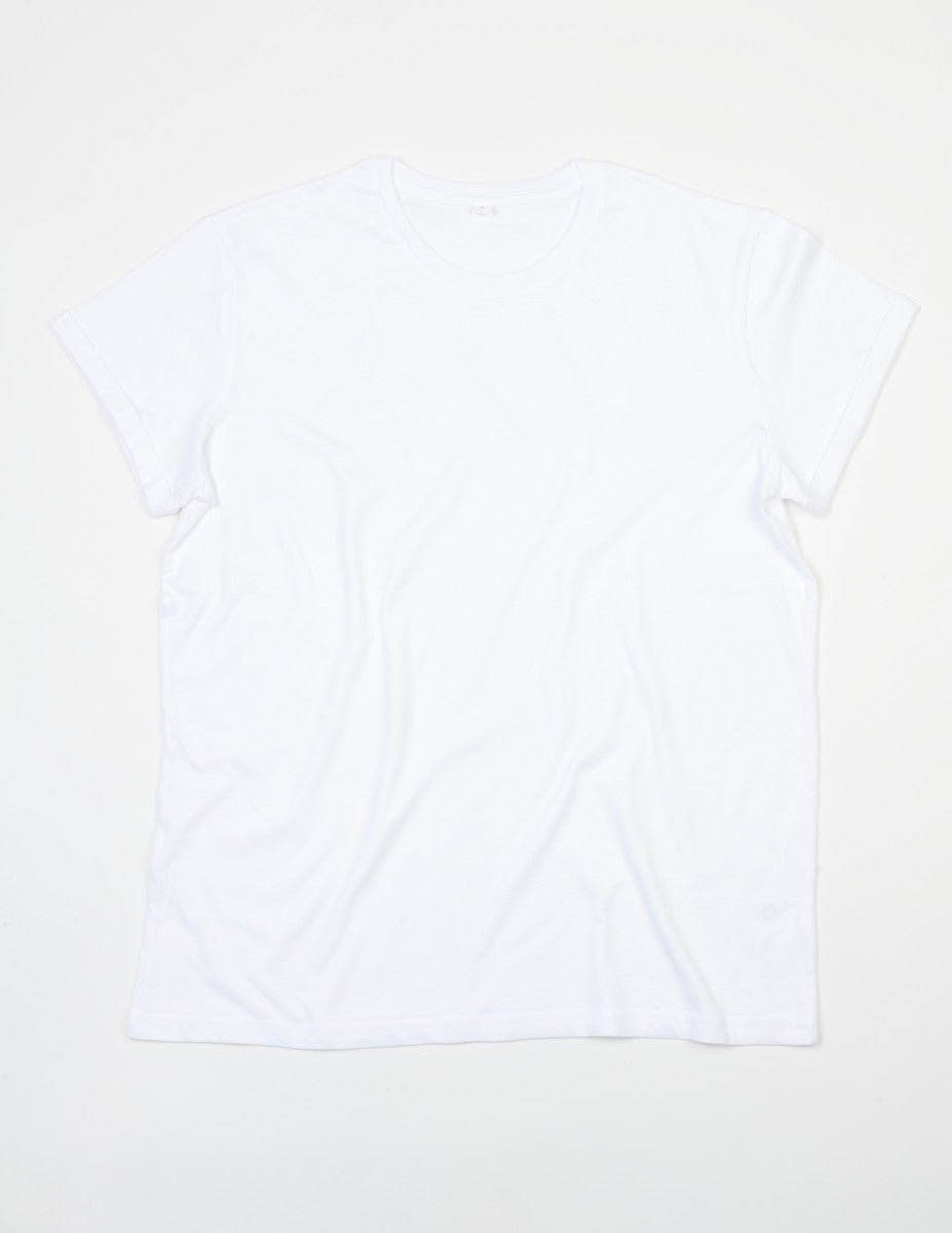 Fine narrow neck rib detail of Luxury Men's Roll Sleeve Tee, showcasing exceptional quality and sustainable craftsmanship.