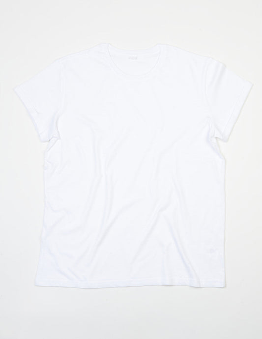 Fine narrow neck rib detail of Luxury Men's Roll Sleeve Tee, showcasing exceptional quality and sustainable craftsmanship.