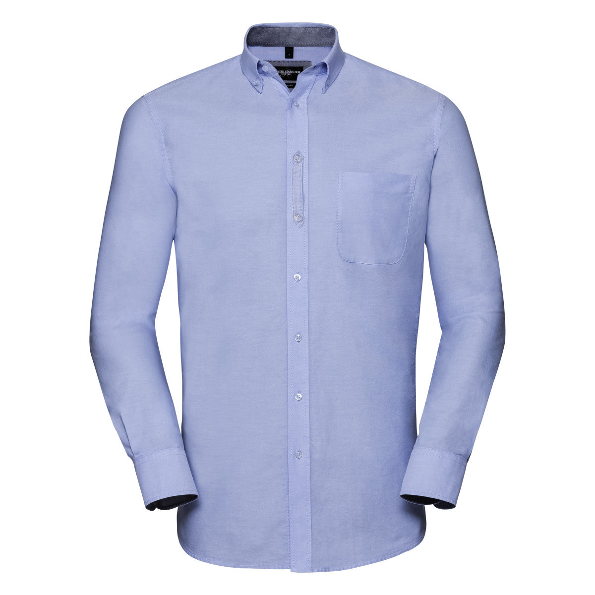 Fashionable organic cotton long sleeve shirt with button-down collar and stylishly contrasting cuffs, ideal for formal wear.