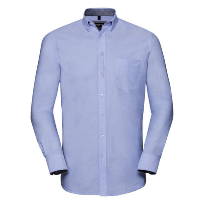 Fashionable organic cotton long sleeve shirt with button-down collar and stylishly contrasting cuffs, ideal for formal wear.