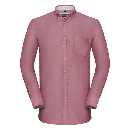 Luxury organic cotton long sleeve Oxford shirt featuring stylish contrast details, perfect for sophisticated attire.
